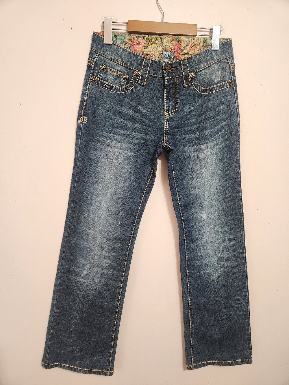 Adiktd Y2K McBling Gothic Embroidered Jeans Thick Stitch Floral Waistband Denim